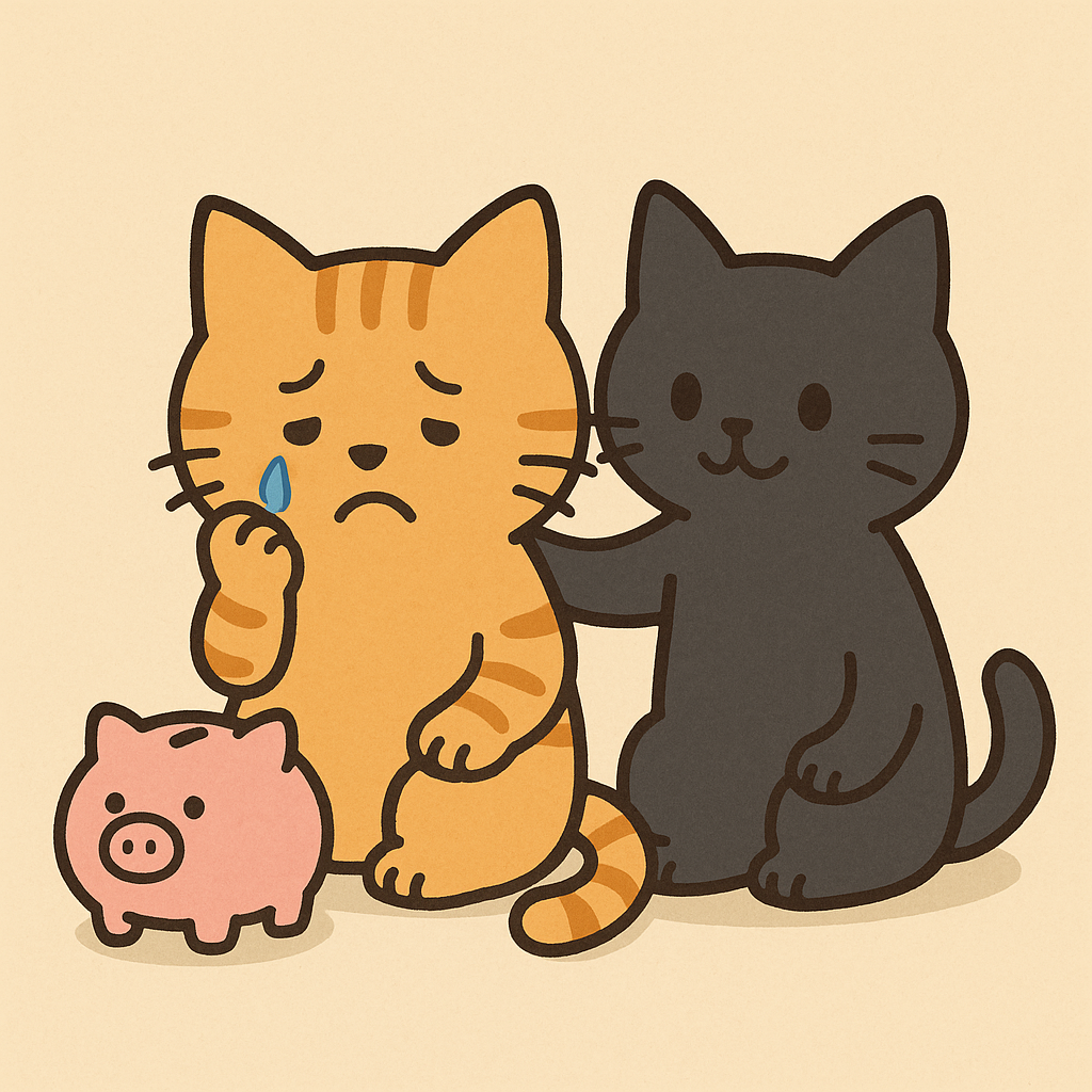 落ち込む茶トラを黒猫が励ます。足元に貯金箱のゆる猫イラスト